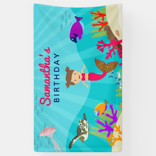 かわいいマーメイドガールカラフルイン海誕生日 横断幕 (縦)