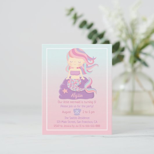 かわいいマーメイドガールグラデーションバースデーパーティ招待状 招待状 (スタンド正面)