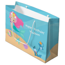 かわいいマーメイドガールパーソナライズされたサマー誕生日 ラージペーパーバッグ