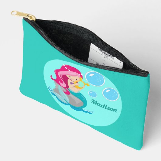 かわいいマーメイドガールパーソナライズされたティール(緑がかった色)キッズ アクセサリーポーチ (見開き)