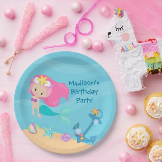 かわいいマーメイドガールビーチカスタムキッドバースデーパーティー ペーパープレート (パーティー)