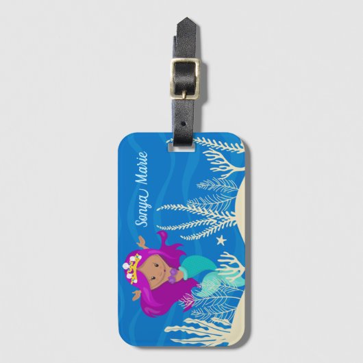 かわいいマーメイドガールブルー海キッズモノグラム ラゲッジタグ (正面縦)
