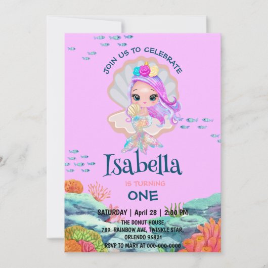 かわいいマーメイドグリッターパールレインボーバースデーパーティー 招待状 (正面)