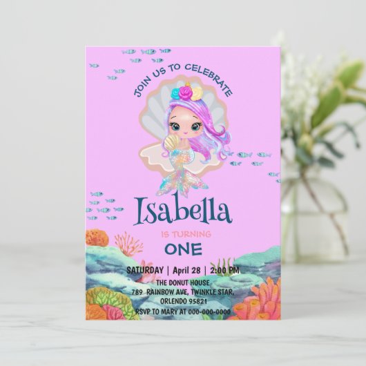 かわいいマーメイドグリッターパールレインボーバースデーパーティー 招待状 (スタンド正面)