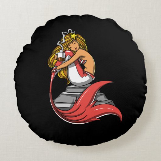 かわいいマーメイドコーヒー飲み恋人マジカル海 ラウンドクッション (正面)