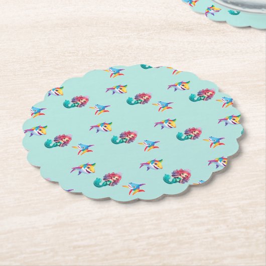 かわいいマーメイドシャーク虹のカラフル誕生日パーティー ペーパーコースター (アングル)