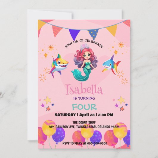 かわいいマーメイドシャーク虹のカラフル誕生日パーティー 招待状 (正面)