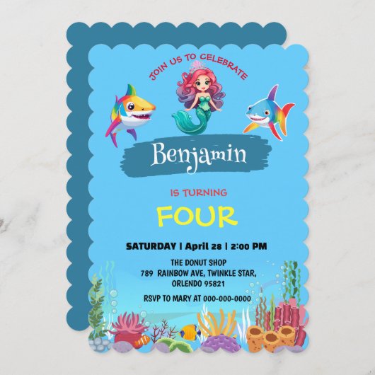 かわいいマーメイドシャーク虹のカラフル誕生日パーティー 招待状 (正面/裏面)