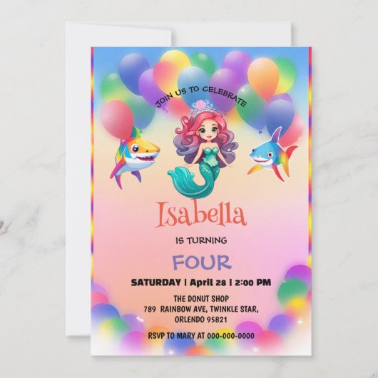 かわいいマーメイドシャーク虹のカラフル誕生日パーティー 招待状 (正面)