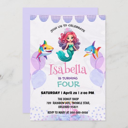 かわいいマーメイドシャーク虹のカラフル誕生日パーティー 招待状 (正面/裏面)