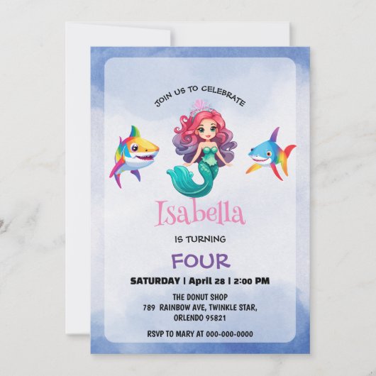 かわいいマーメイドシャーク虹のカラフル誕生日パーティー 招待状 (正面)