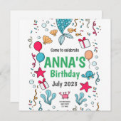 かわいいマーメイドテールマーメイド誕生日招待状 (正面/裏面)