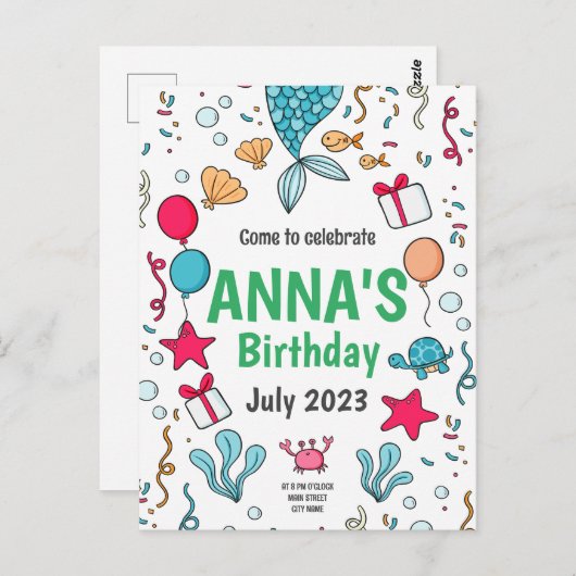 かわいいマーメイドテールマーメイド誕生日招待状 ポストカード (正面/裏面)