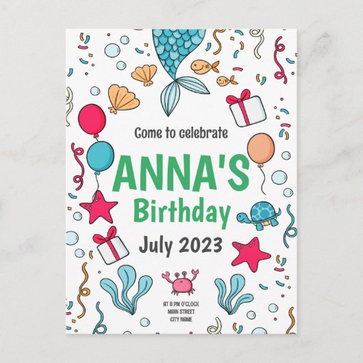 かわいいマーメイドテールマーメイド誕生日招待状 ポストカード (正面)