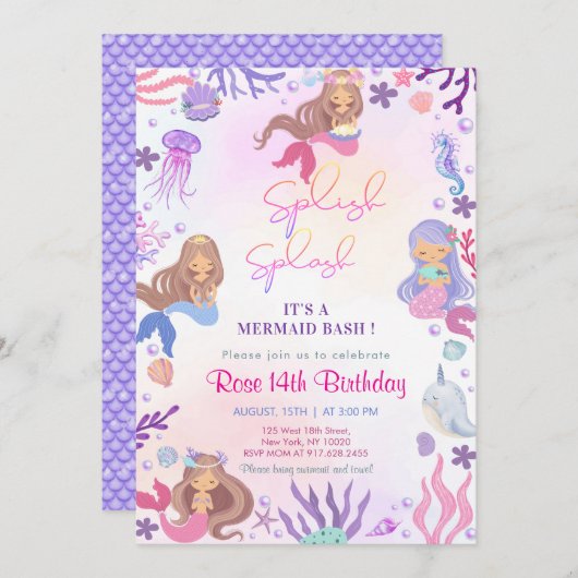 かわいいマーメイドバッシュザシー誕生日 招待状 (正面/裏面)