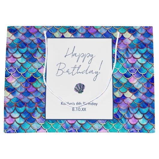 かわいいマーメイドパターはかりで測ン小さな女の子誕生日 ラージペーパーバッグ (正面)