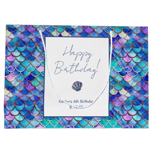 かわいいマーメイドパターはかりで測ン小さな女の子誕生日 ラージペーパーバッグ (裏面)