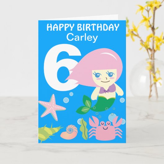 かわいいマーメイドパーソナライズされたエイジ誕生日 カード (黄色い花)