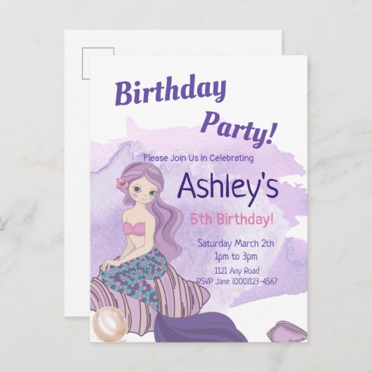かわいいマーメイドパーティの招待状マーメイド誕生日 インビテーションポストカード (正面/裏面)
