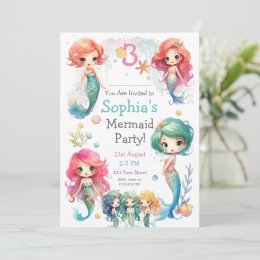 かわいいマーメイドパーティの招待状、編集可能文字 招待状 (スタンド正面)