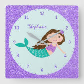かわいいマーメイドパープルグリッター パーソナライズされた スクエア壁時計 (正面)