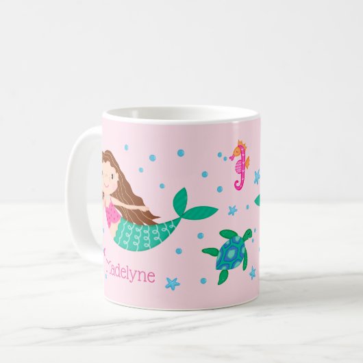 かわいいマーメイドピンクパーソナライズされた色 コーヒーマグカップ (正面左)