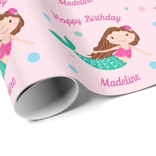 かわいいマーメイドピンクパーソナライズされた誕生日 ラッピングペーパー (ロールコーナー)