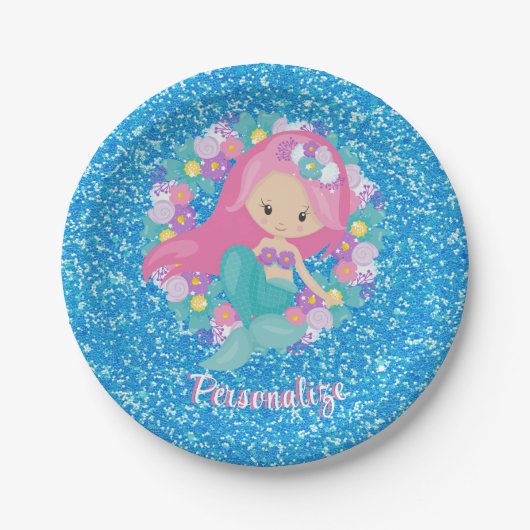 かわいいマーメイドピンクブルーグリッターパーソナライズ ペーパープレート (正面)