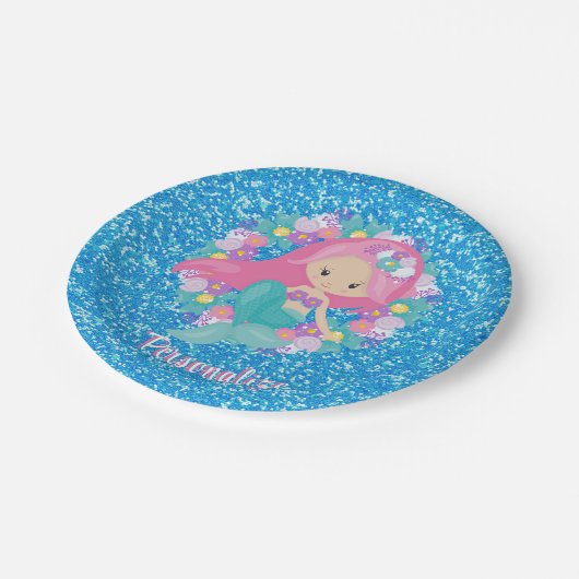 かわいいマーメイドピンクブルーグリッターパーソナライズ ペーパープレート (アングル)