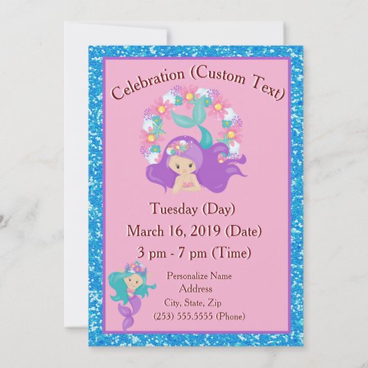 かわいいマーメイドピンクブルーグリッター パーソナライズされた 招待状 (裏面)