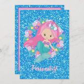 かわいいマーメイドピンクブルーグリッター パーソナライズされた 招待状 (正面/裏面)