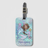 かわいいマーメイドブラウンガール名前をカスタムするキッズ ラゲッジタグ (正面縦)