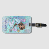 かわいいマーメイドブラウンガール名前をカスタムするキッズ ラゲッジタグ (正面横)