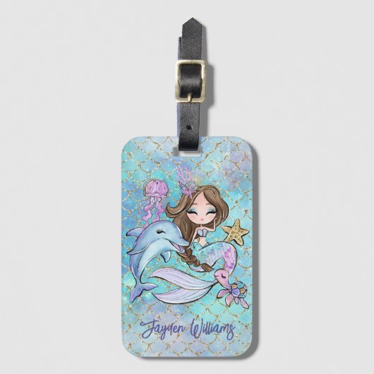 かわいいマーメイドブラウンヘアガール名前をカスタムする子供 ラゲッジタグ (正面縦)