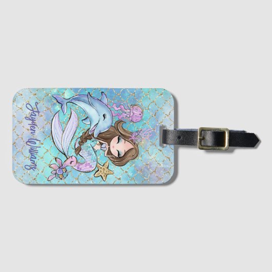かわいいマーメイドブラウンヘアガール名前をカスタムする子供 ラゲッジタグ (正面横)