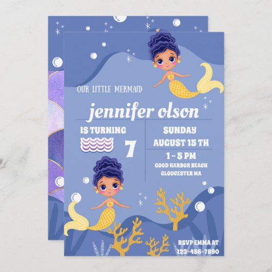 かわいいマーメイドプリンセス水中ゴールデンマーメイド 招待状 (正面/裏面)