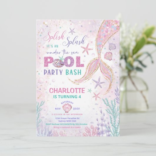 かわいいマーメイドプールパーティーアンダーザシー誕生日 招待状 (スタンド正面)