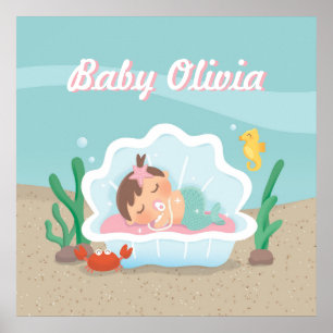 かわいいマーメイドベビーガール子供部屋デコールポスター ポスター