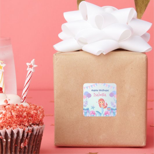 かわいいマーメイドレインボーウォーターカラーバースデーパーティー スクエアシール (パーティー)