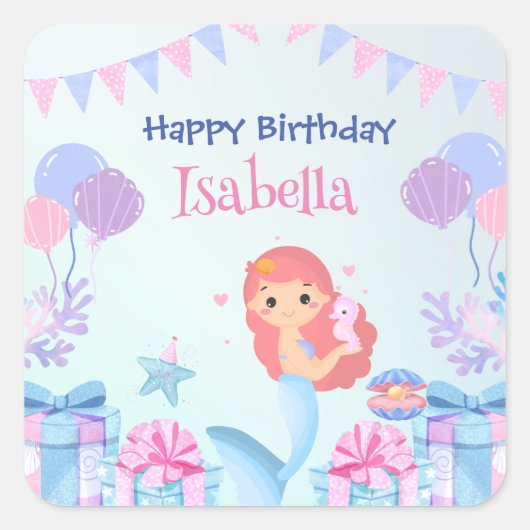 かわいいマーメイドレインボーウォーターカラーバースデーパーティー スクエアシール (正面)