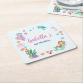 かわいいマーメイドレインボーウォーターカラーバースデーパーティー スクエアペーパーコースター (アングル)