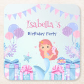 かわいいマーメイドレインボーウォーターカラーバースデーパーティー スクエアペーパーコースター (正面)