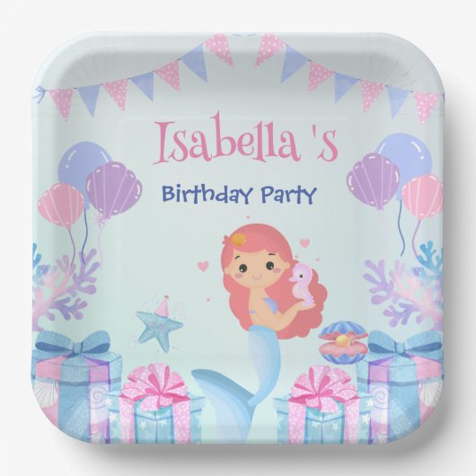 かわいいマーメイドレインボーウォーターカラーバースデーパーティー ペーパープレート (正面)