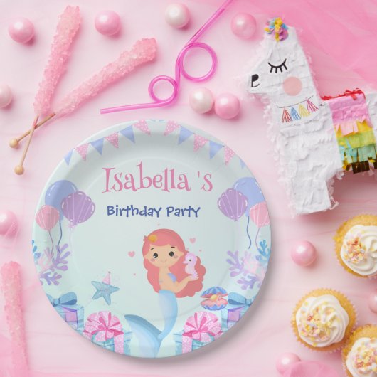 かわいいマーメイドレインボーウォーターカラーバースデーパーティー ペーパープレート (パーティー)