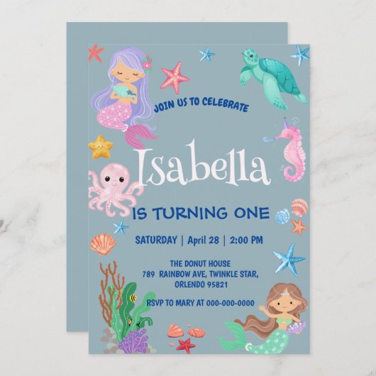 かわいいマーメイドレインボーウォーターカラーバースデーパーティー 招待状 (正面/裏面)
