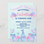 かわいいマーメイドレインボーウォーターカラーバースデーパーティー 招待状 (正面/裏面)