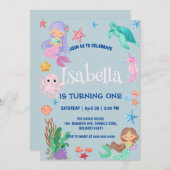 かわいいマーメイドレインボーウォーターカラーバースデーパーティー 招待状 (正面/裏面)