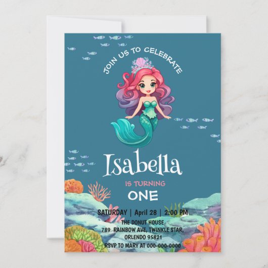 かわいいマーメイドレインボーカラフル誕生日パーティー名 招待状 (正面)