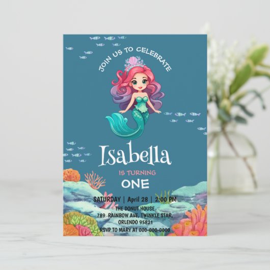 かわいいマーメイドレインボーカラフル誕生日パーティー名 招待状 (スタンド正面)