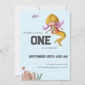 かわいいマーメイド建築ワーカーファースト誕生日 招待状 (正面)